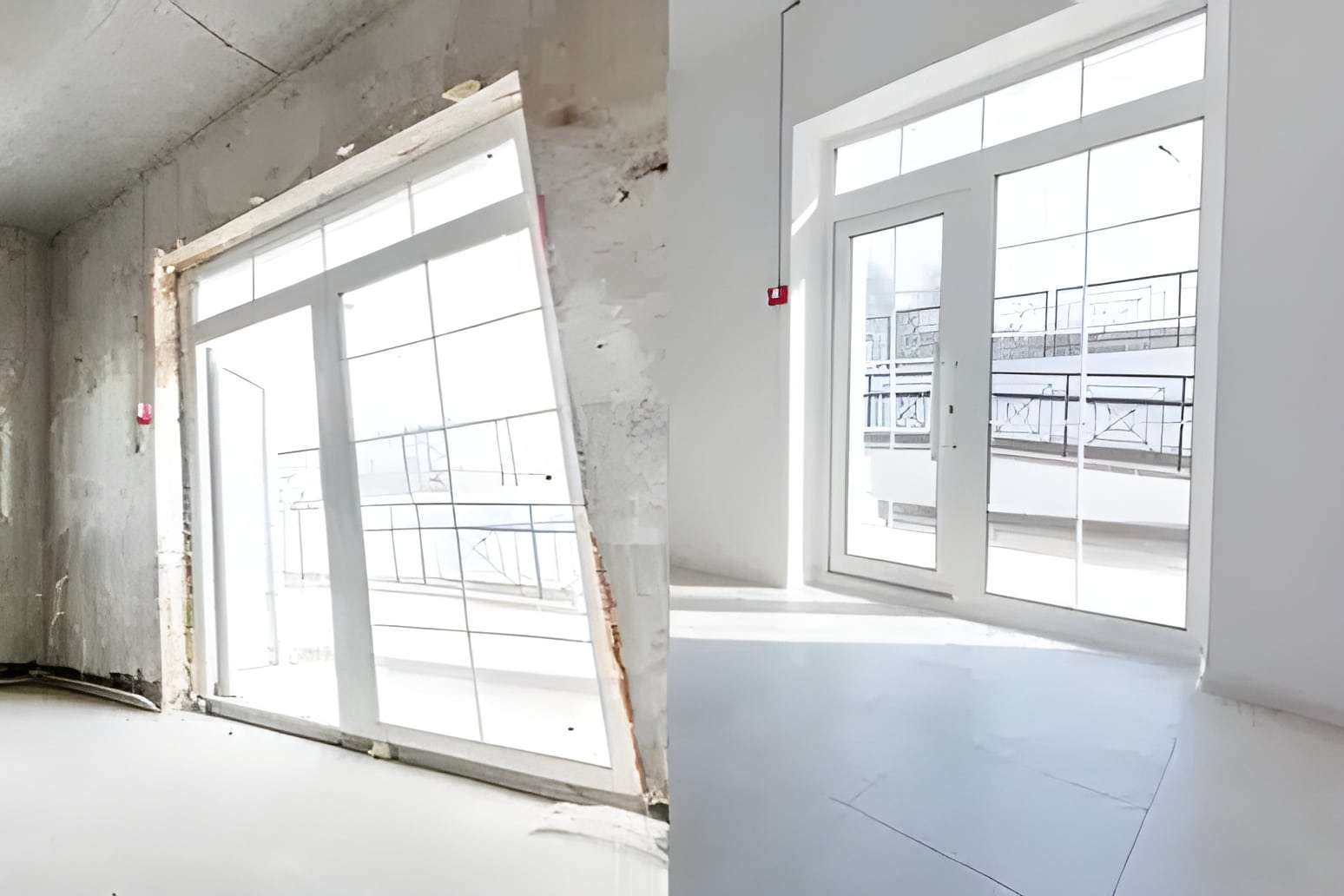 Two images of an empty room featuring a door and a window, showcasing a minimalist and spacious interior design.