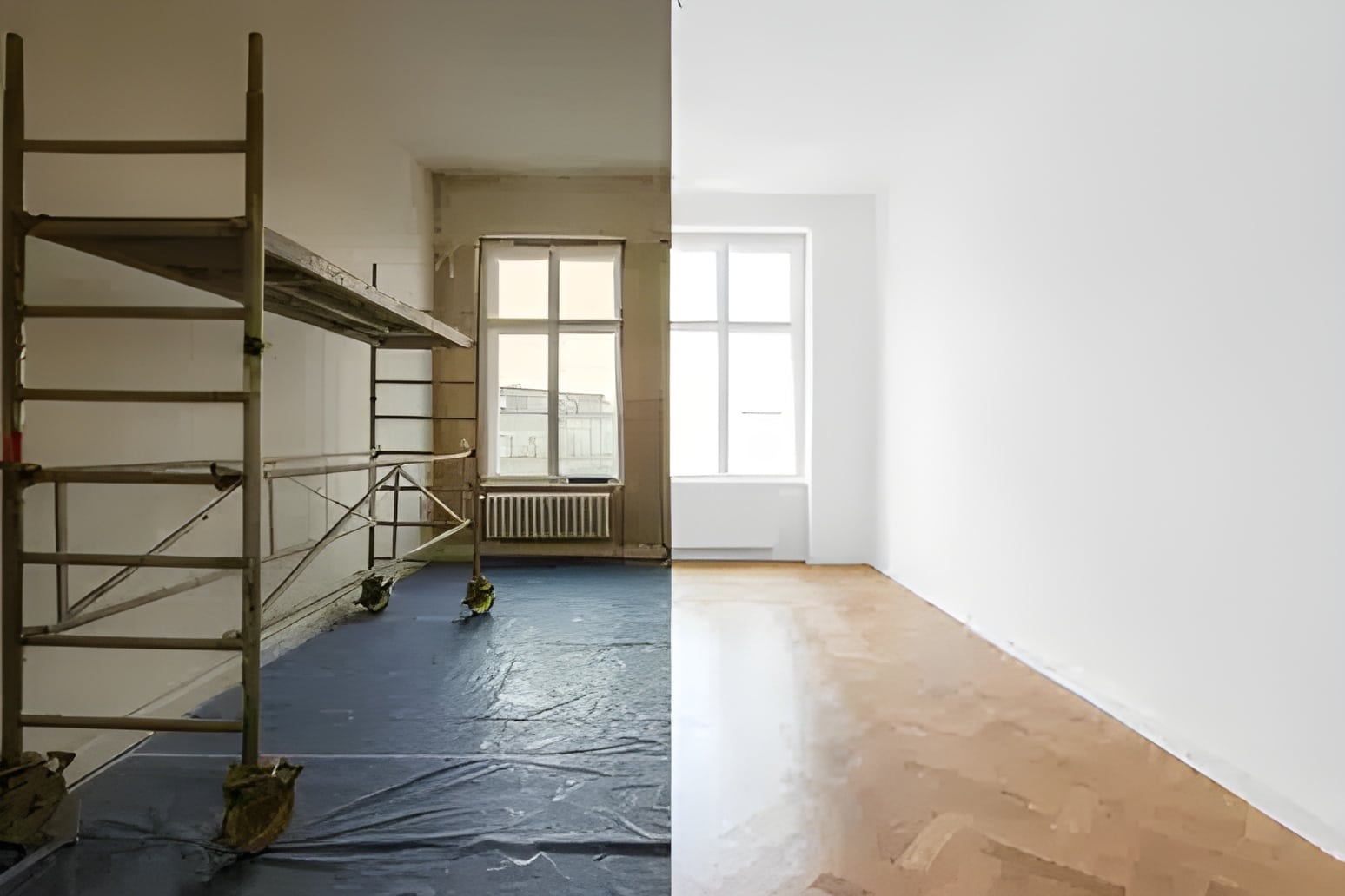 Before and after image of a room showcasing a ladder and scaffolding, highlighting the transformation of the space.